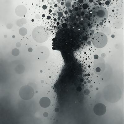 The primary subject of the image is a woman's silhouette, which is the main object, scene, or focus of the image. The setting is a dark, foggy environment, with a backdrop of white dots. The visual style is a combination of photo and digital art, creating a unique and intriguing atmosphere. The colors are predominantly dark, with the white dots providing a contrasting element. The overall mood of the image is mysterious and captivating.